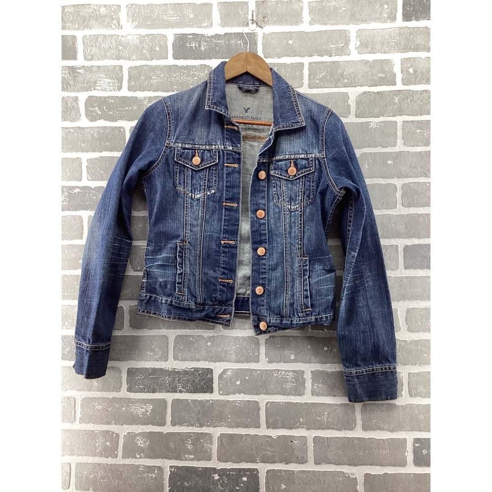 American Eagle Womens Denim Trucker Jacket Dark Wash Cotton Size Medium